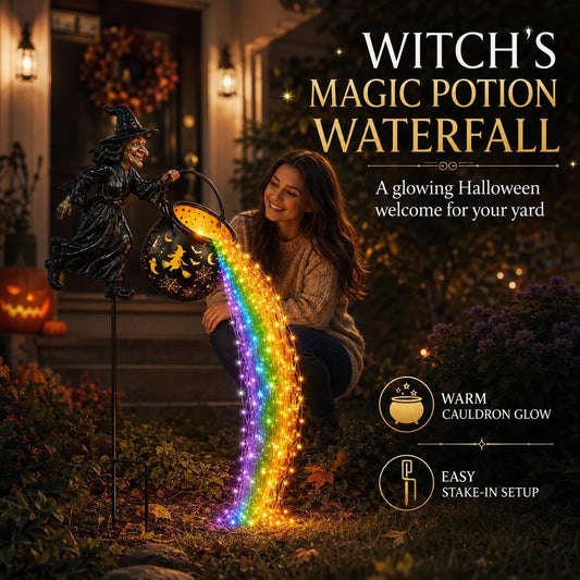 Halloween Flying Witch Cauldron Garden Stake Light