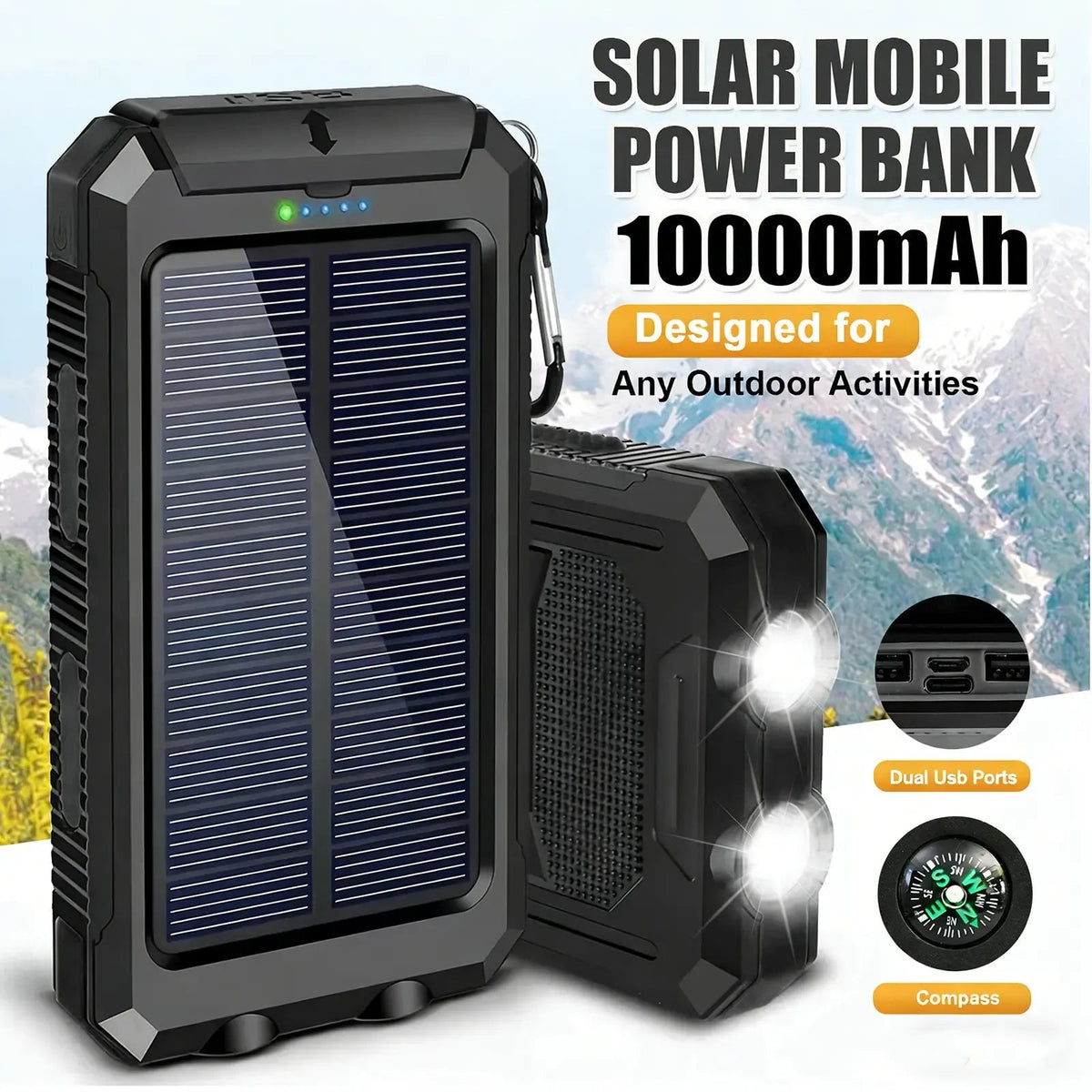 10000mAh Solar Power Bank with Flashlight & Dual UsB Charging