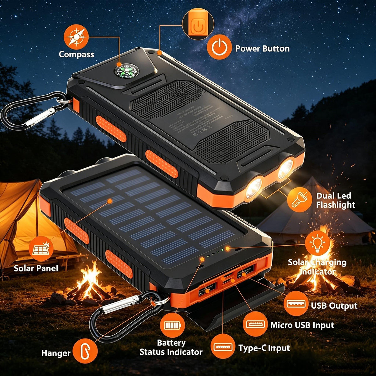 10000mAh Solar Power Bank with Flashlight & Dual UsB Charging