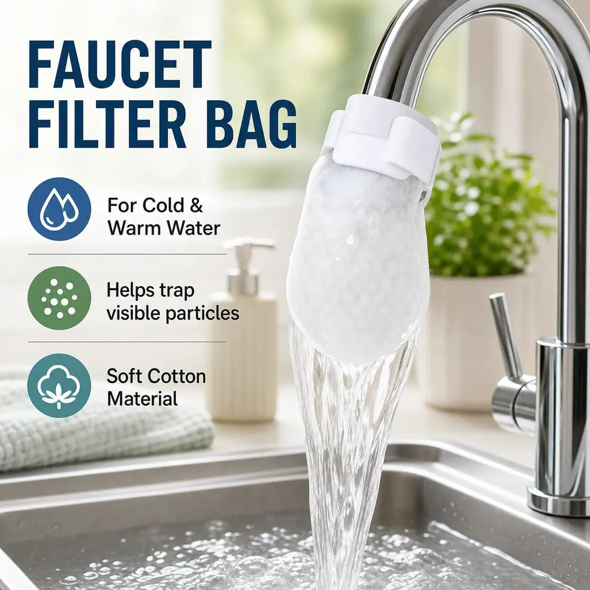 50-Pack Cotton Faucet Filter Bags - Splash-Free, Sediment-Free Water