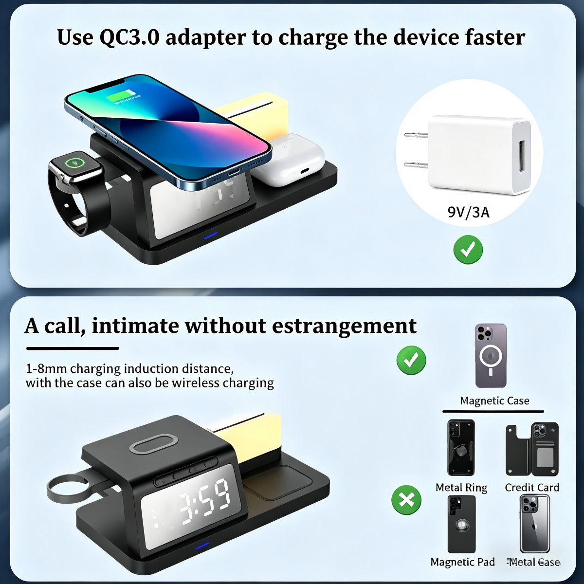 7 in 1 Charging Station with Clock, Wireless Charger with Night Light（Fast Charging)⚡