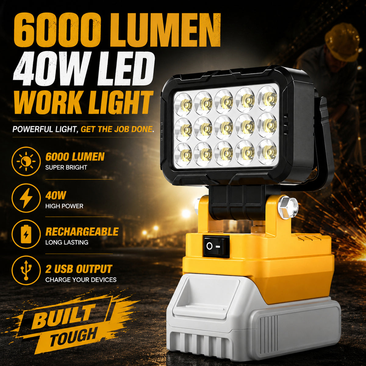 6000 Lumen 4OW LED Work Light -Compatible with Dewalt 2ov Max Battery