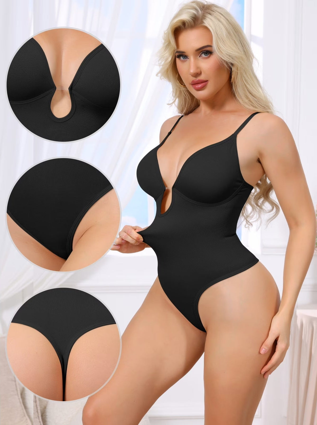 Deep V-Neck Thong Bodysuit - Tummy Control Shapewear