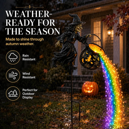 Halloween Flying Witch Cauldron Garden Stake Light