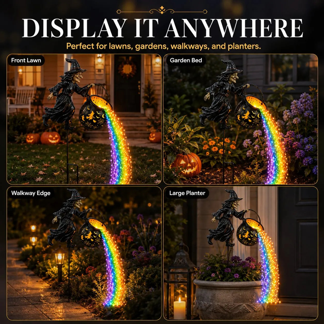 Halloween Flying Witch Cauldron Garden Stake Light