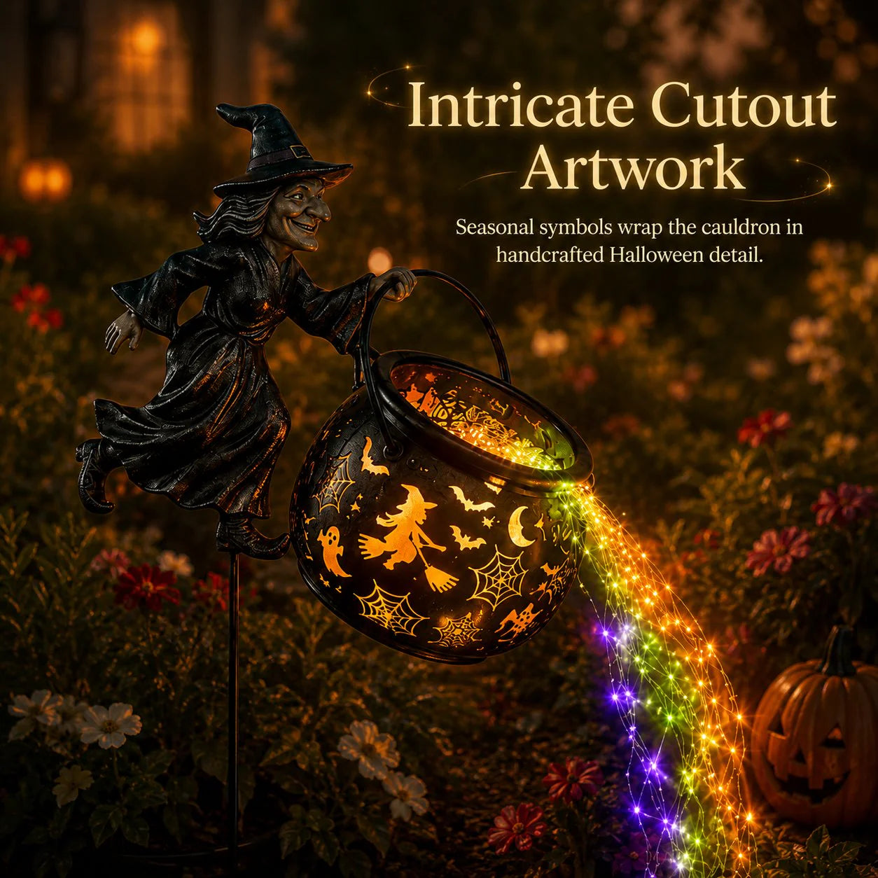 Halloween Flying Witch Cauldron Garden Stake Light