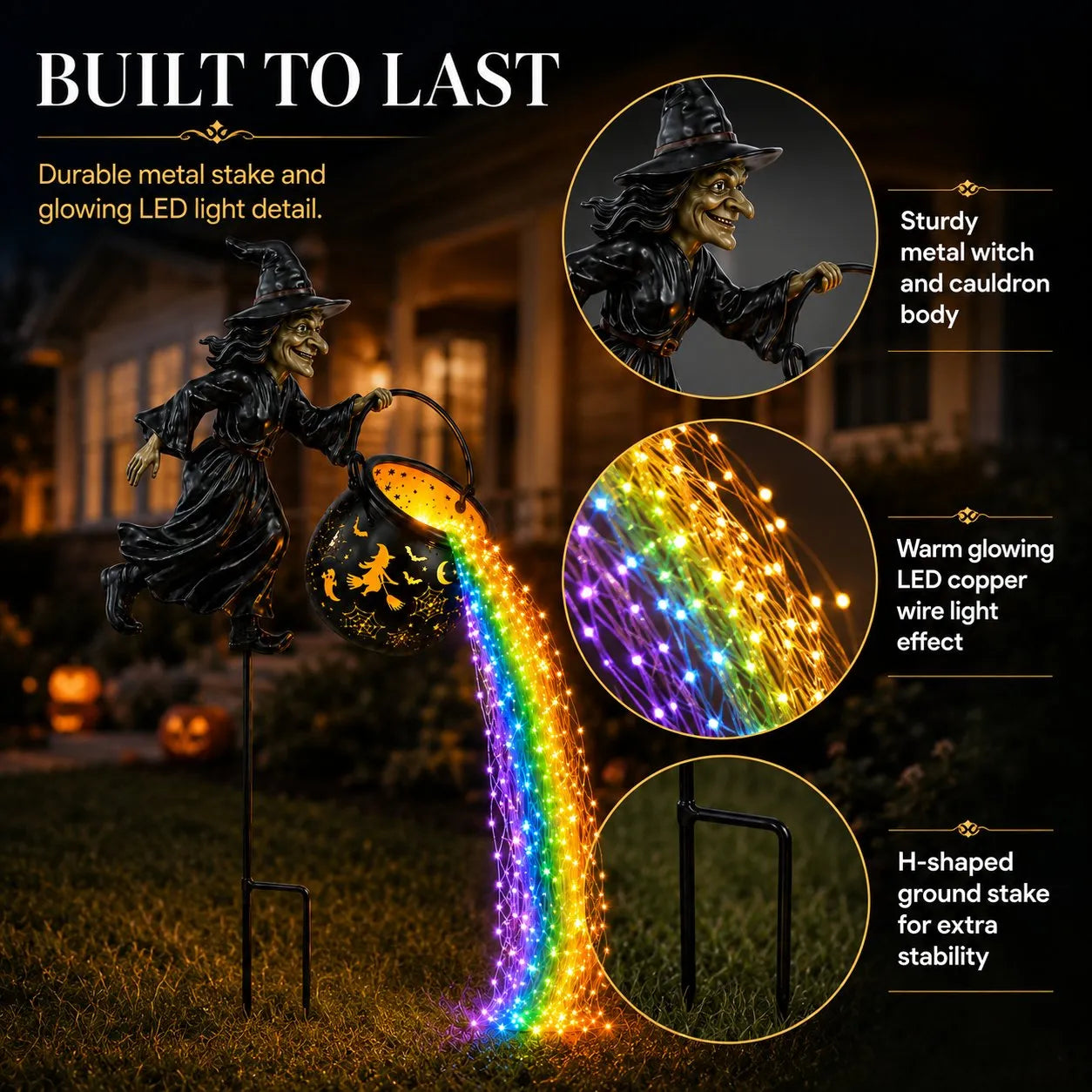 Halloween Flying Witch Cauldron Garden Stake Light