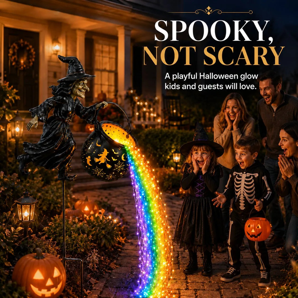 Halloween Flying Witch Cauldron Garden Stake Light