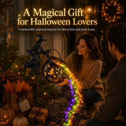 Halloween Flying Witch Cauldron Garden Stake Light