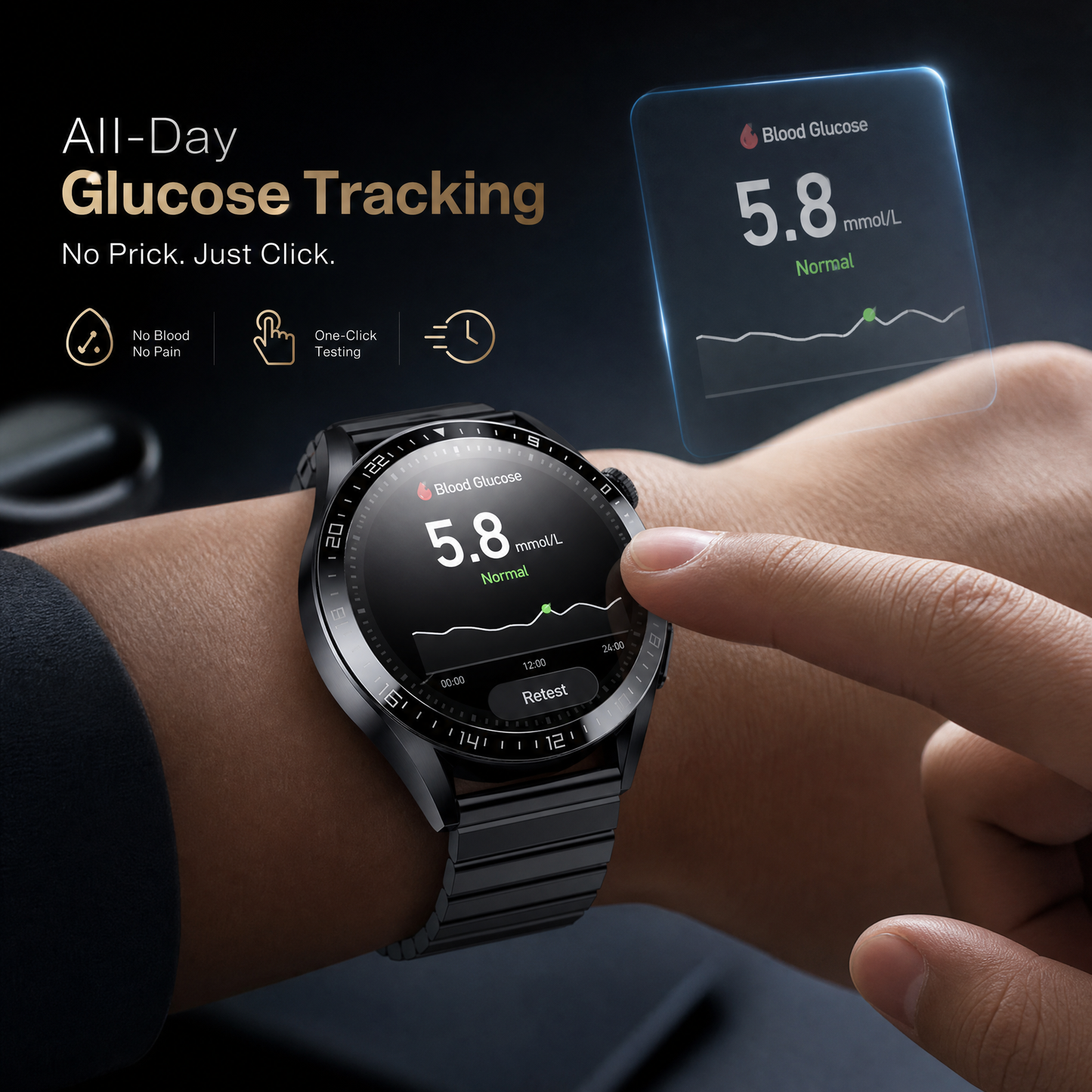 Smart Bluetooth Watch with All-Day Glucose Tracking