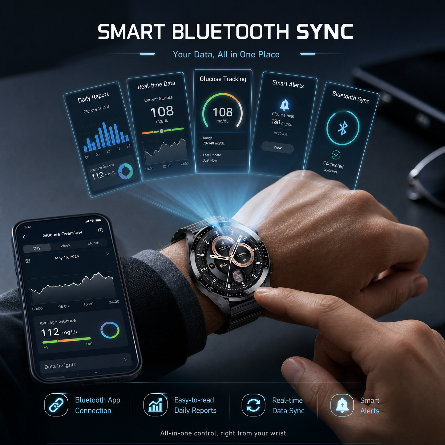Smart Bluetooth Watch with All-Day Glucose Tracking