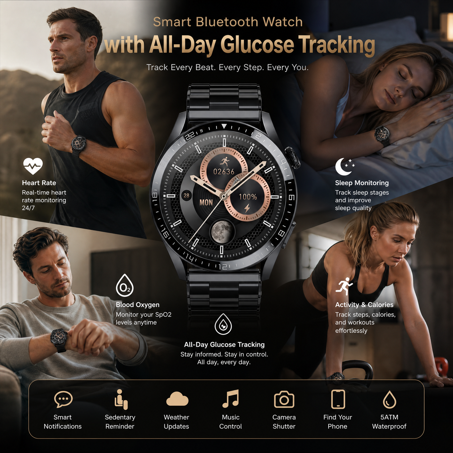 Smart Bluetooth Watch with All-Day Glucose Tracking
