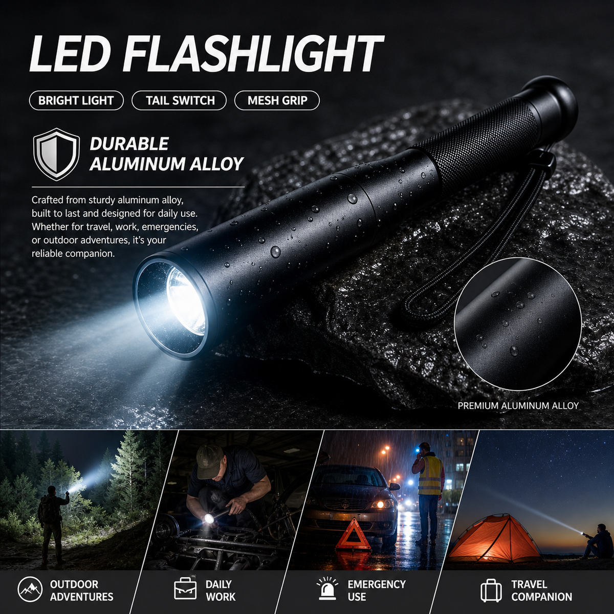 Aluminum Alloy Flashlight - 3 Modes Durable Portable Torch