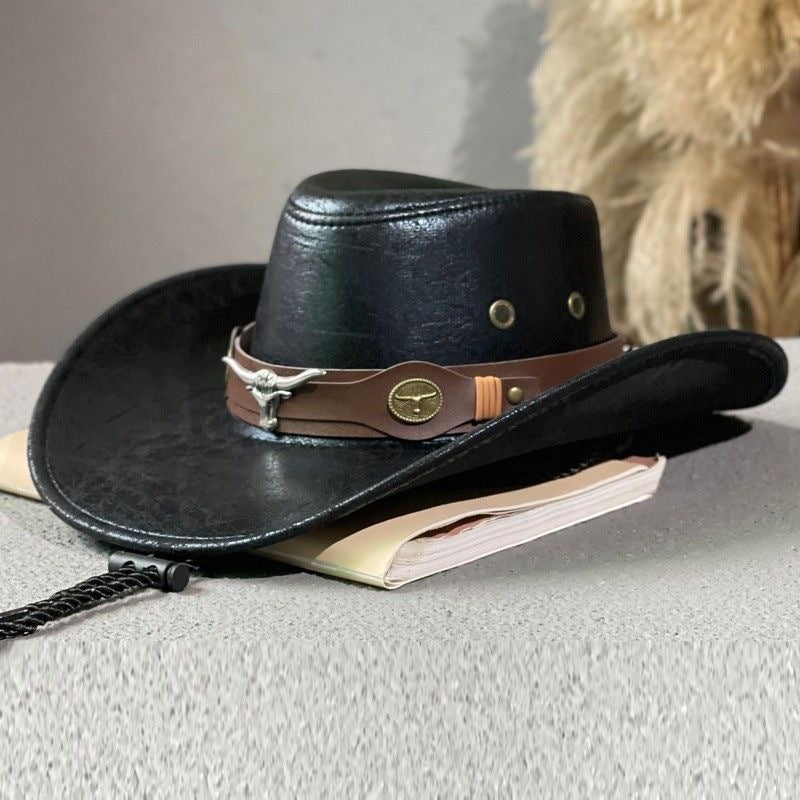 Vintage Cracked Leather Cowboy Hat - Bull Skull Band, Adjustable Fit