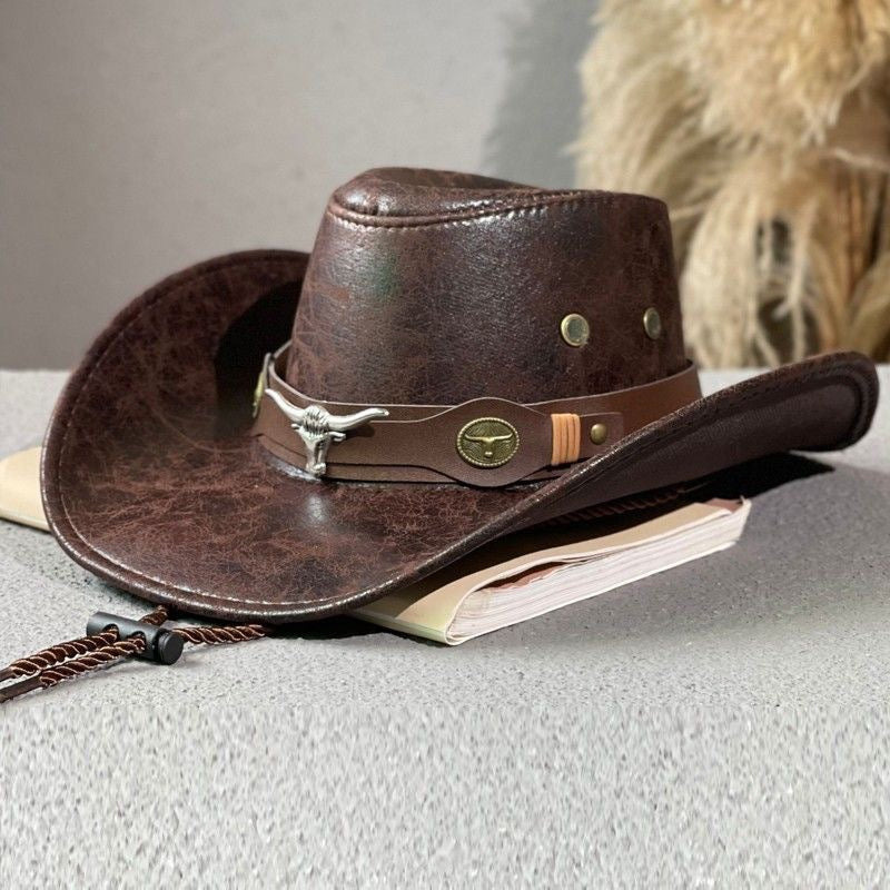 Vintage Cracked Leather Cowboy Hat - Bull Skull Band, Adjustable Fit