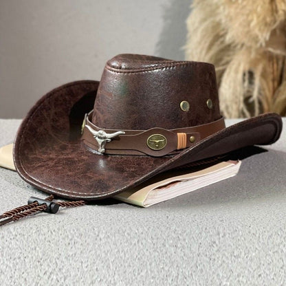 Vintage Cracked Leather Cowboy Hat - Bull Skull Band, Adjustable Fit