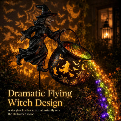 Halloween Flying Witch Cauldron Garden Stake Light