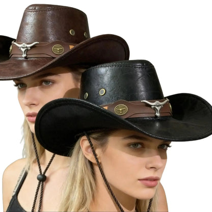 Vintage Cracked Leather Cowboy Hat - Bull Skull Band, Adjustable Fit