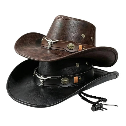 Vintage Cracked Leather Cowboy Hat - Bull Skull Band, Adjustable Fit