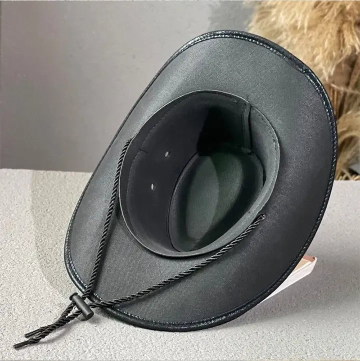 Vintage Cracked Leather Cowboy Hat - Bull Skull Band, Adjustable Fit