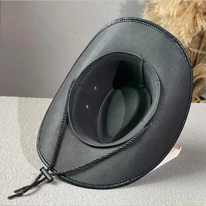 Vintage Cracked Leather Cowboy Hat - Bull Skull Band, Adjustable Fit