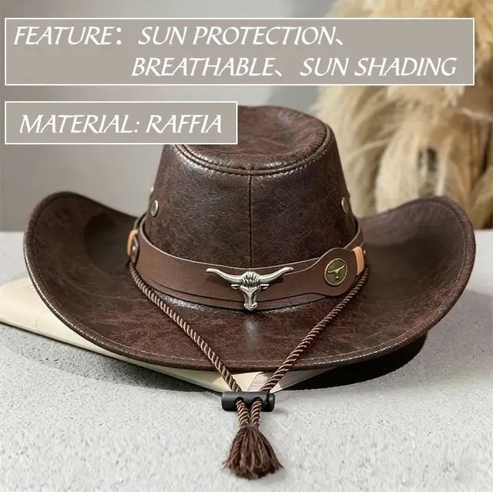 Vintage Cracked Leather Cowboy Hat - Bull Skull Band, Adjustable Fit