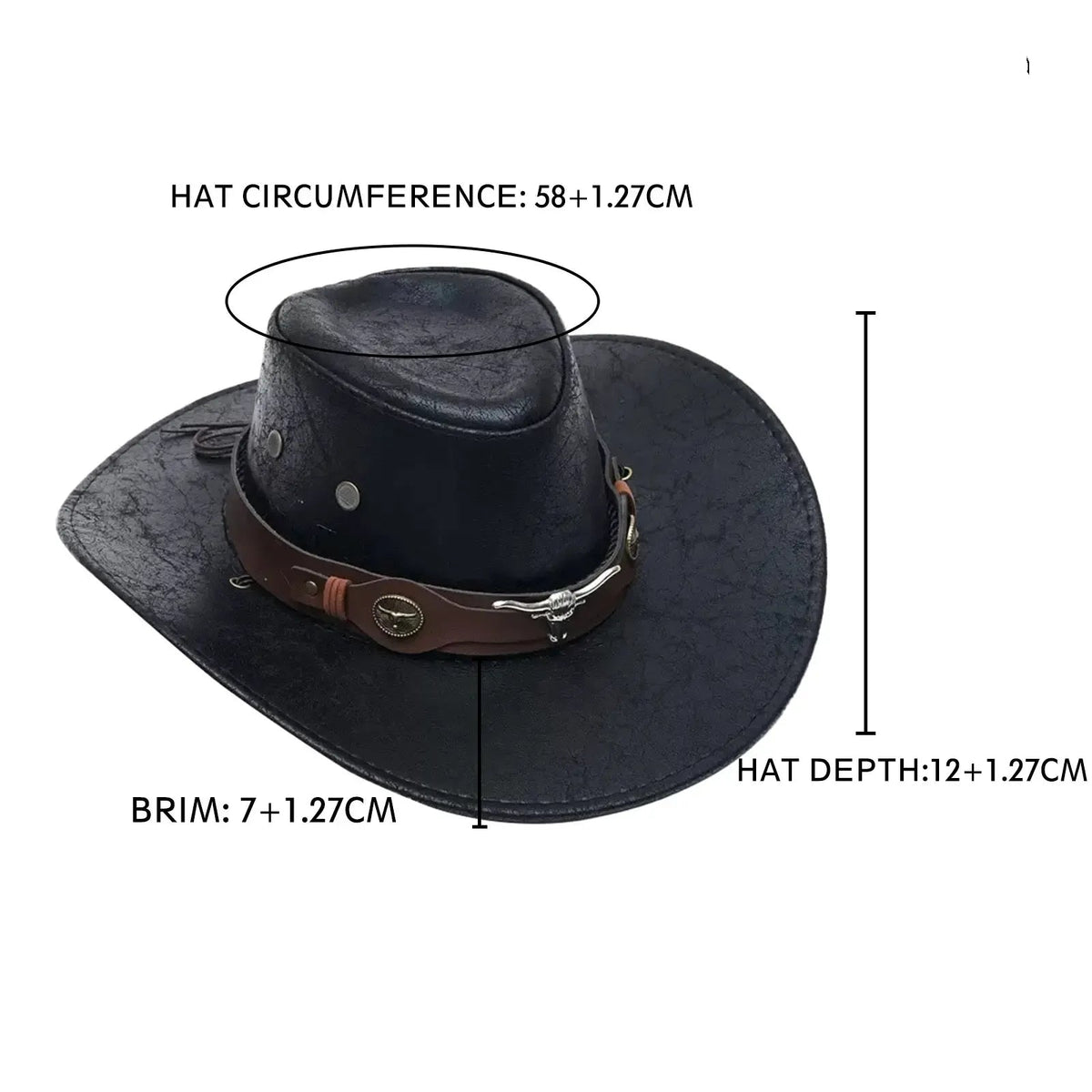 Vintage Cracked Leather Cowboy Hat - Bull Skull Band, Adjustable Fit