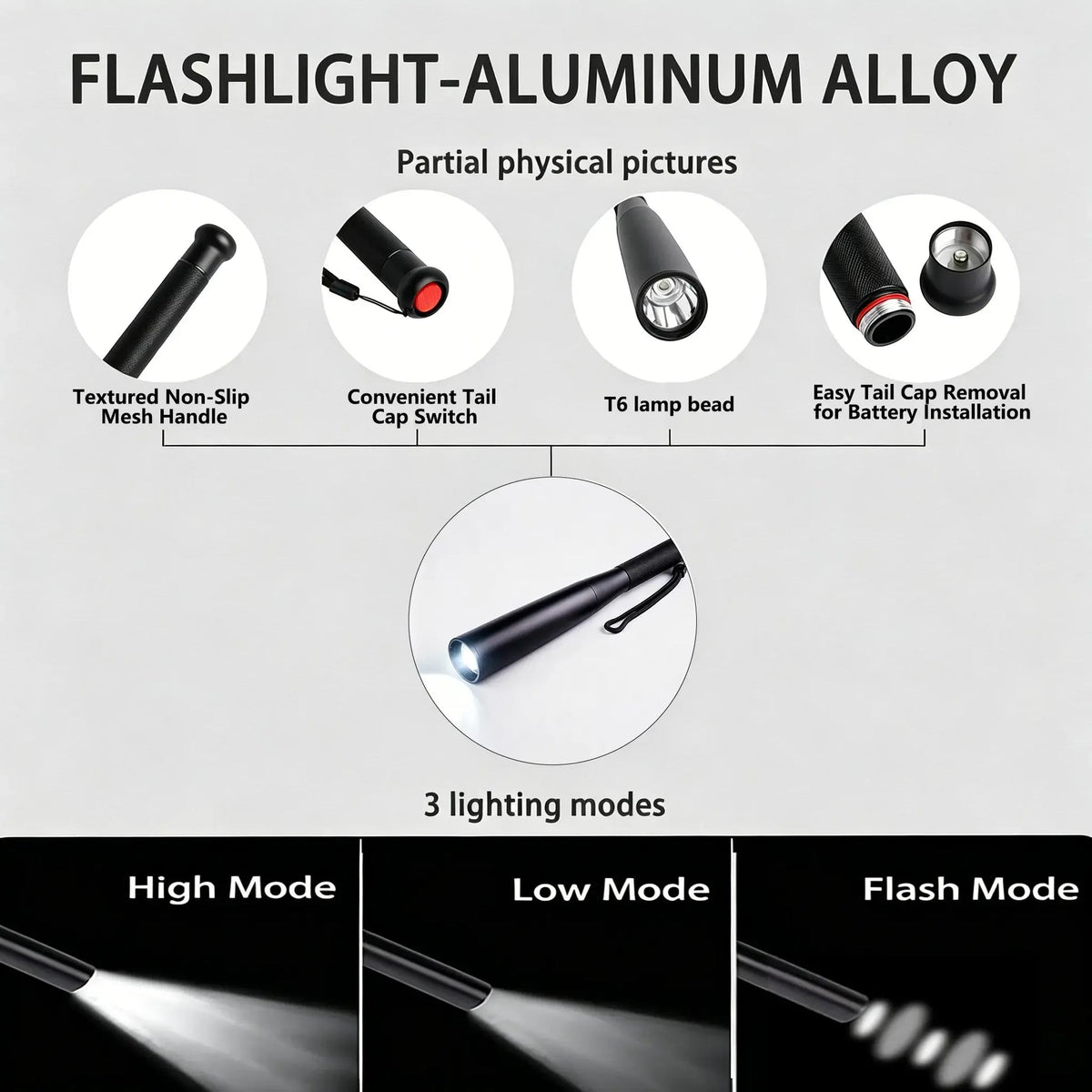 Aluminum Alloy Flashlight - 3 Modes Durable Portable Torch